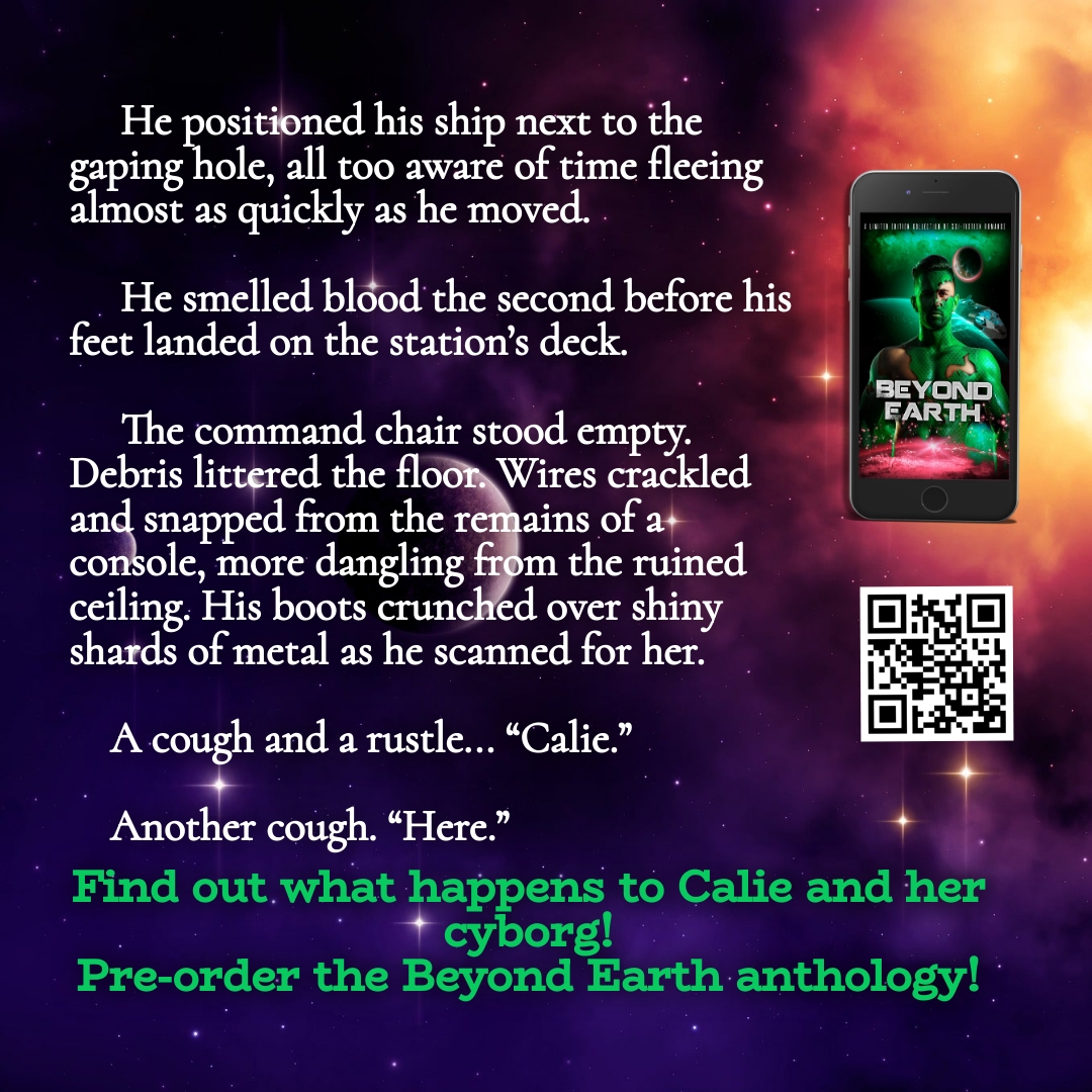 Graphic with a short pull-quote from Claiming Kaden plus a scannable QR code for the Beyond Earth anthology