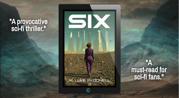 graphic of SIX book cover set over an alien landscape