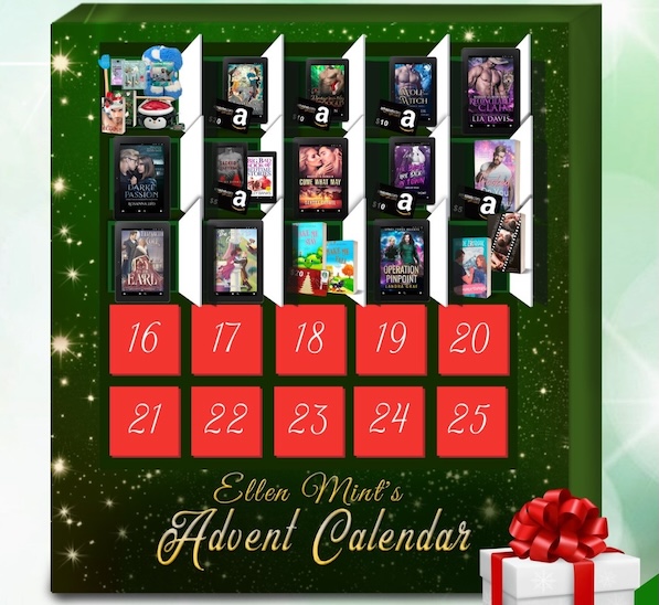 image of an advent calendar with some doors open and showing books, for Ellen Mint's Romance Advent Calendar Giveaway