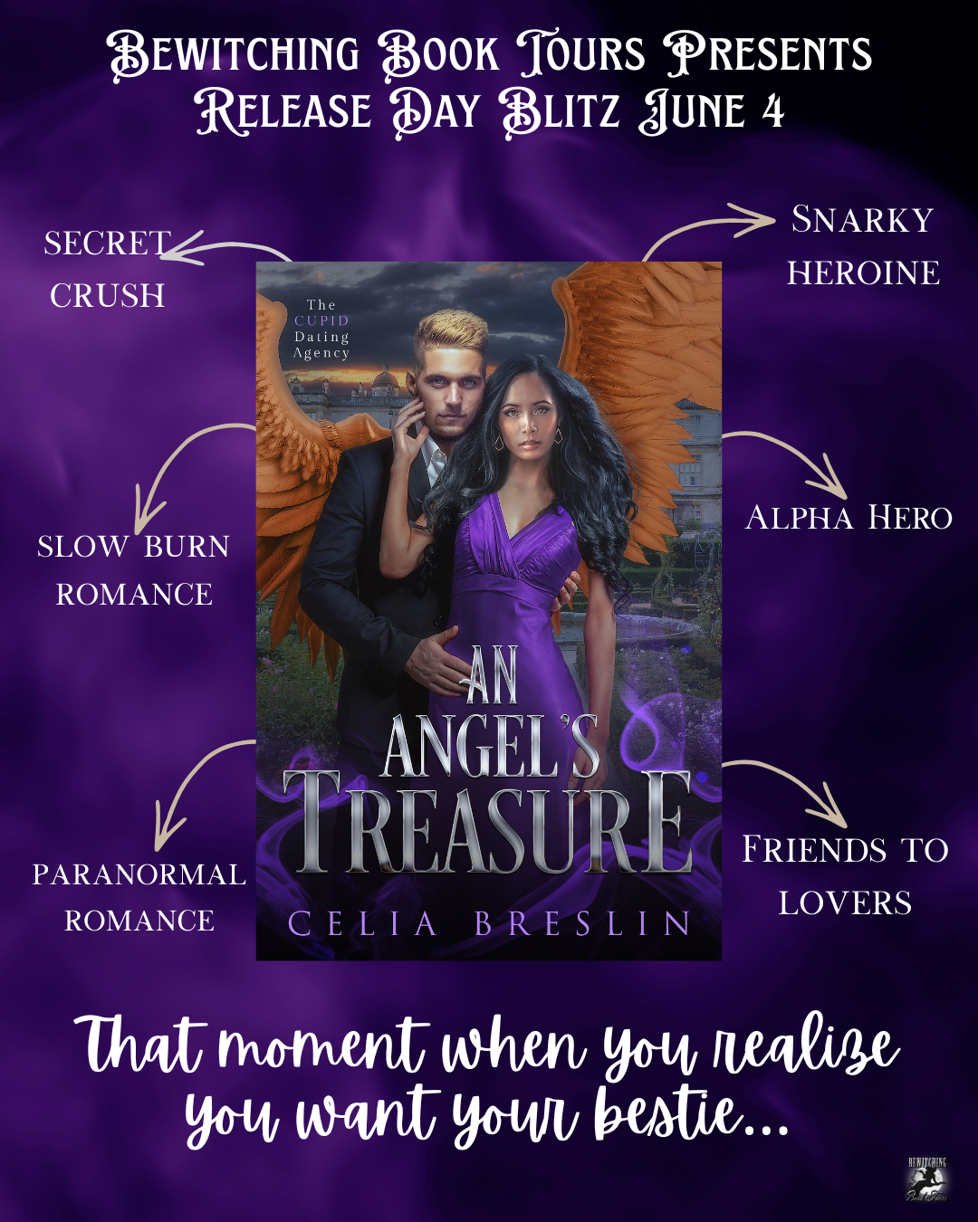An Angel's Treasure by Celia Breslin book cover plus the tropes, including secret crush, slow burn romance, alpha hero, snarky heroine, friends to lovers.