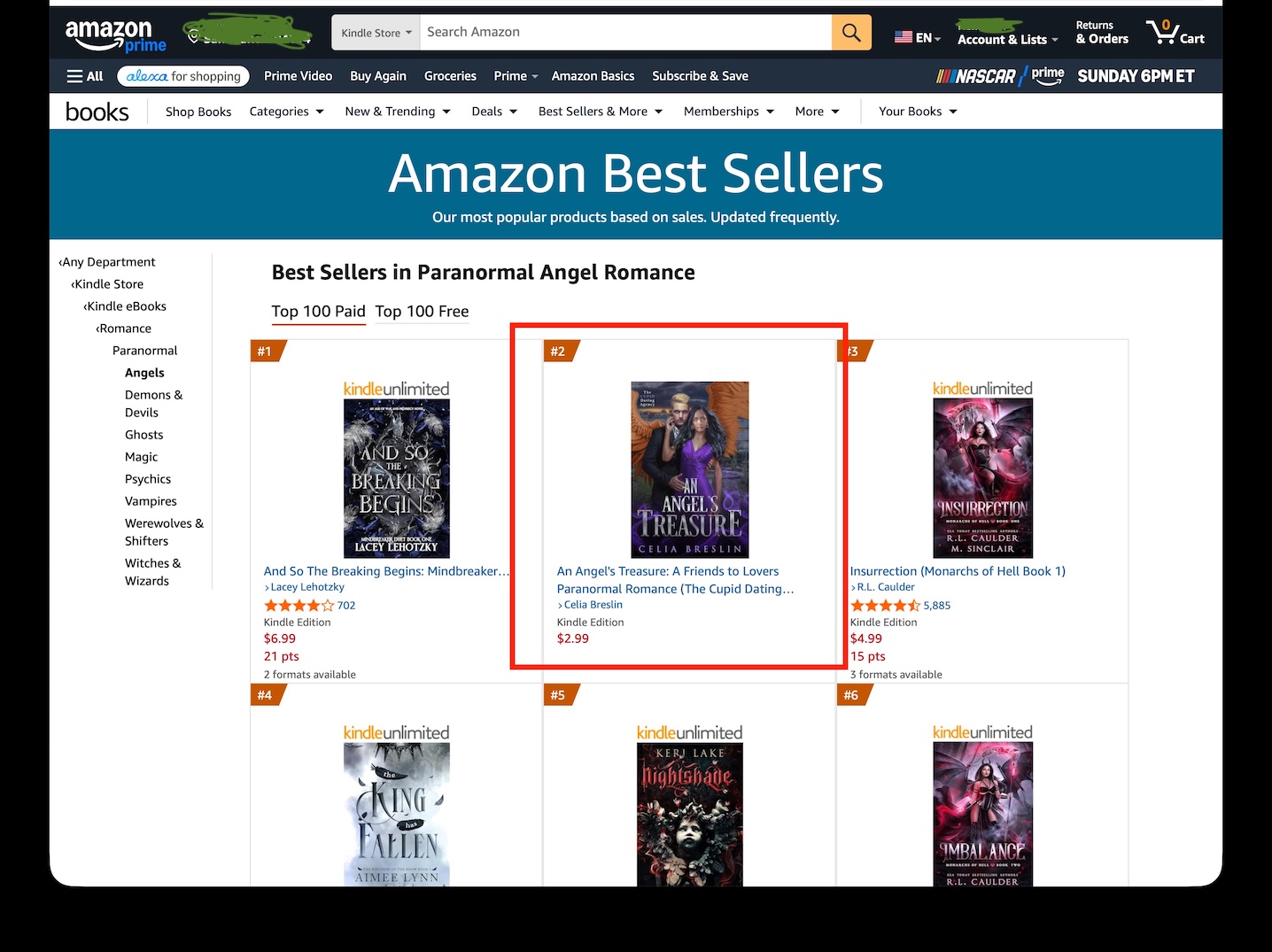 screenshot of Amazon's Angel Paranormal Romance page with An Angel's Treasure by Celia Breslin in the #2 best seller spot
