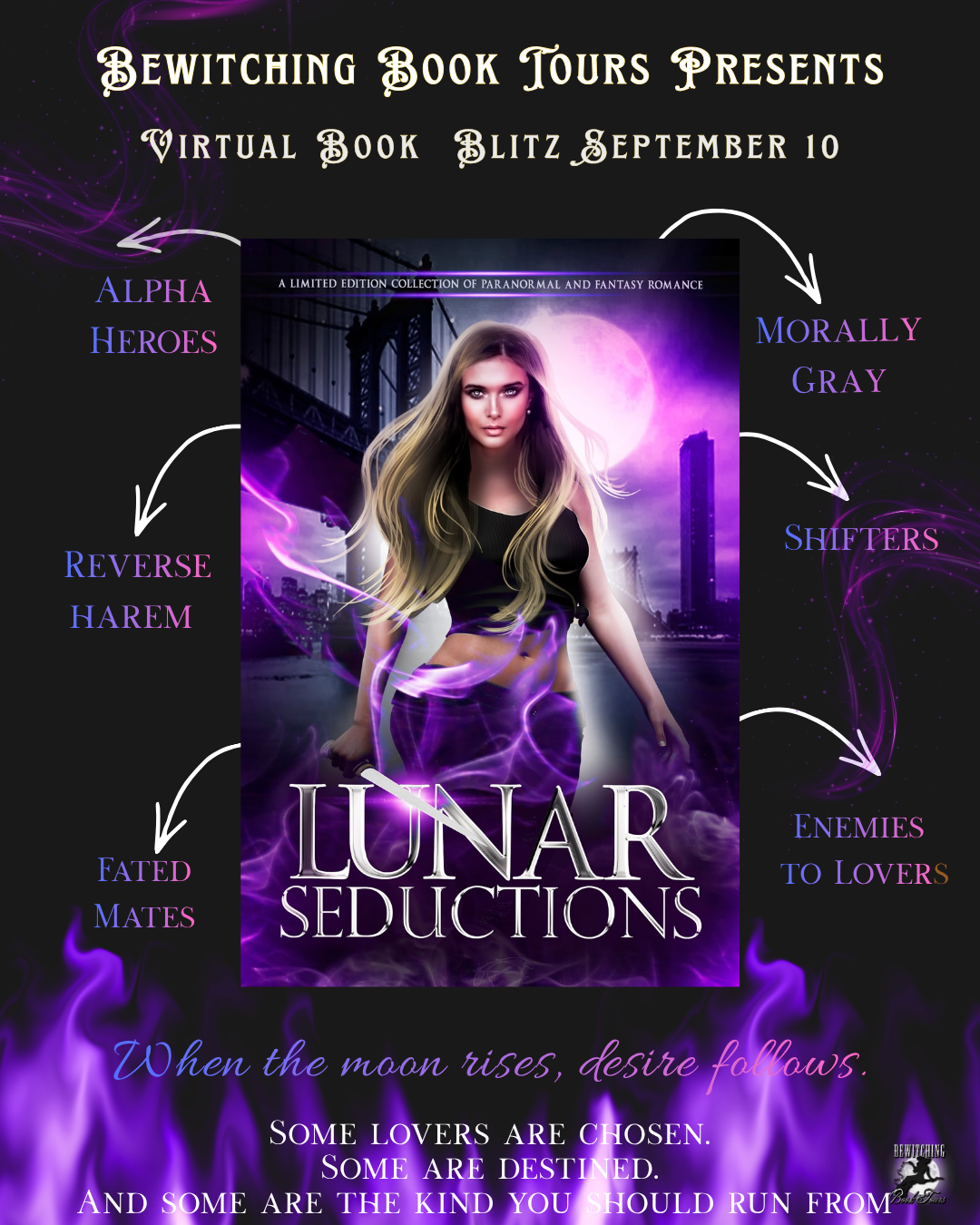 Bewitching Book Tours presents: Lunar Seductions, a limited-edition paranormal romance collection by 9 authors including Celia Breslin, Release Day Blitz, September 10, 2026. Tropes include reverse harem, fated mates, morally gray, alpha heroes, and more.