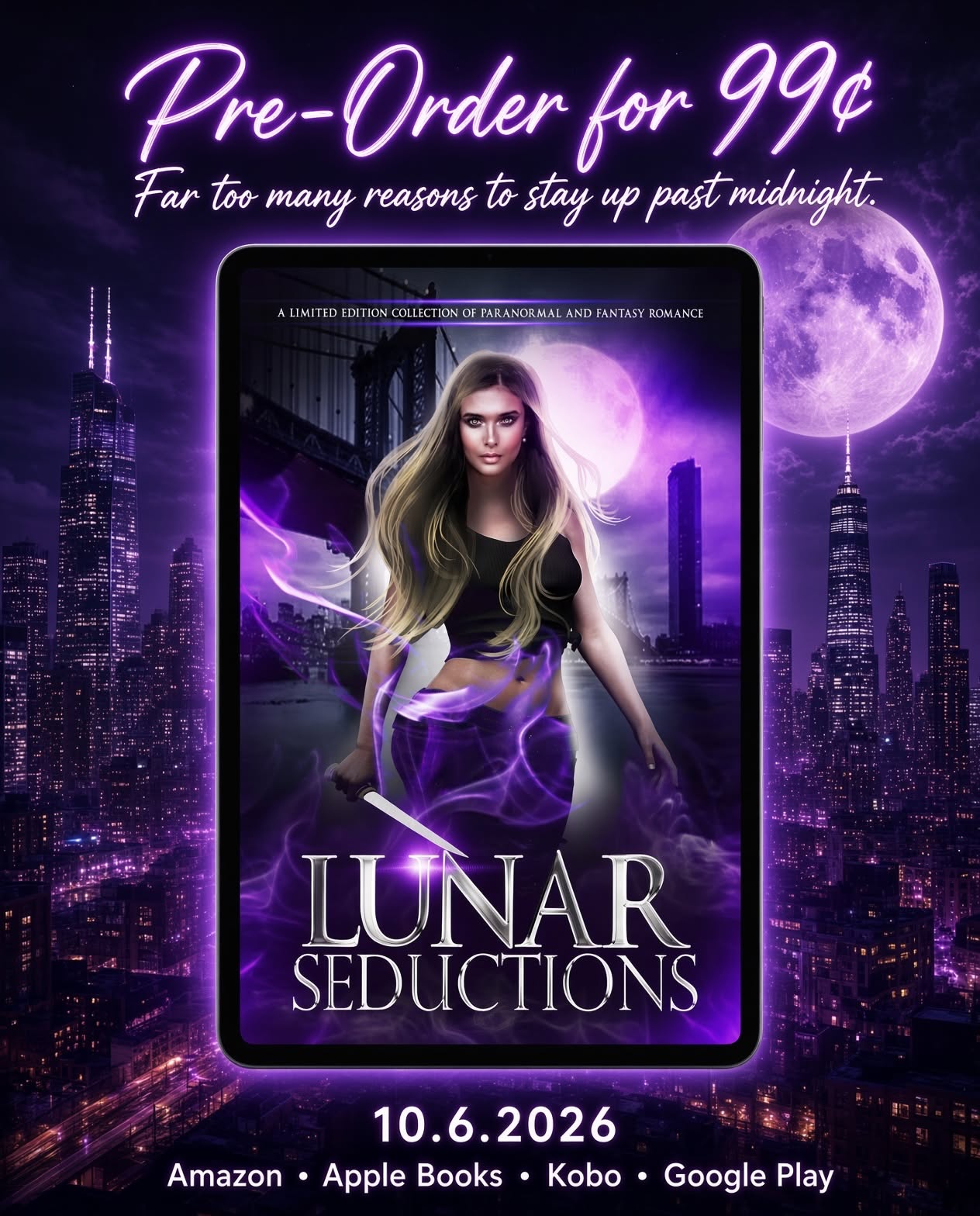 graphic - Lunar Seductions paranormal and fantasy romance anthology available for 99 cents USD PreOrder Now